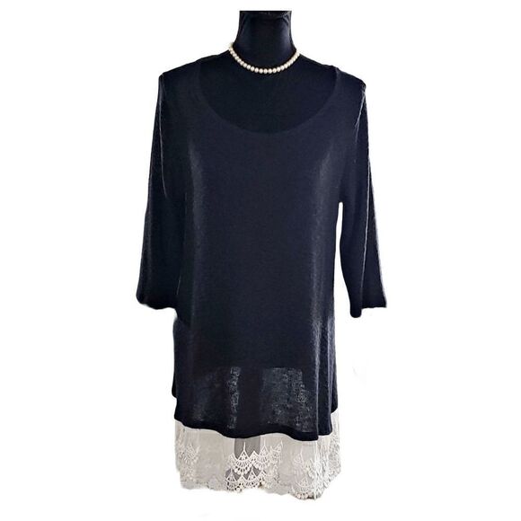 Now & Forever Black knit 3/4 Sleeve Cream Lace Hem Sweater Tunic Top Size 2XL - Picture 2 of 7